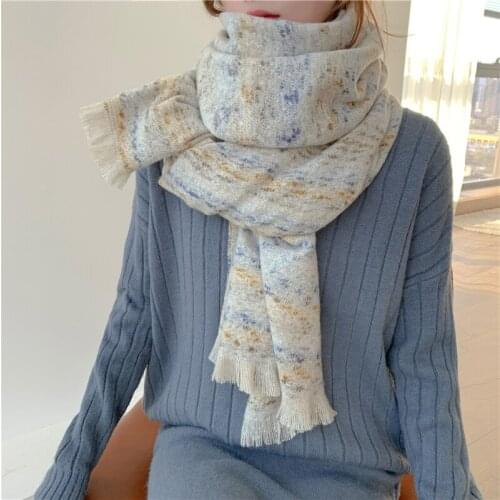 Luna&Dolphin Women Winter Scarf Warm Knitted White Pink Dream Color Soft Wool Imitation Cashmere Tippet Pashmina Blanket Shawl