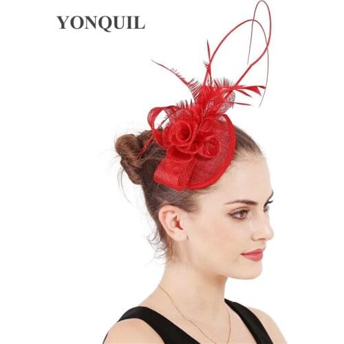 Gorgeous Bide Wedding Headpiece Women Red Headwear Bridal Fascinator Hat Fancy Feather Chapeau Cap Hair Pin Bridal Accessories