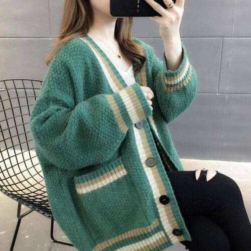 2021 Womens N V Neck Sweater Cardigan Jacket Female Loose Fashion Autumn Knitting Cardigans Ladies Thick Cardigan Top Coat H912
