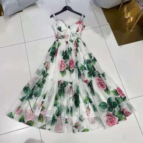 2021 Summer Rose Floral Bohemian Party Dress Womens Spaghetti Strap Backless Sexy Padded Cup Flower Print Beach Elbise Robes