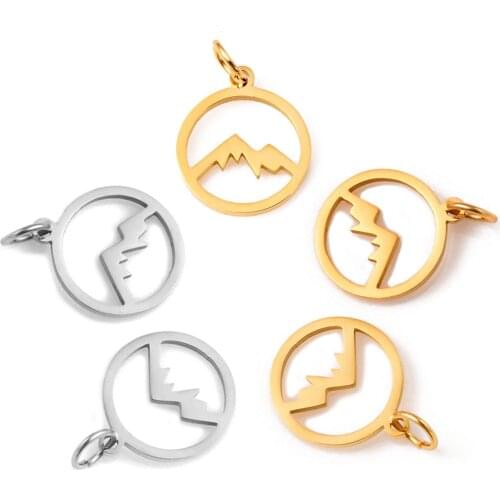 10pcs Mirror Polish Stainless Steel pendant Round Hollow Mountain Charm for Necklace/bracelet Diy Jewelry Making Wholesale