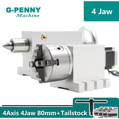 4 Jaw 80mm CNC 4th Axis CNC dividing head/Rotation Axis kit Gapless harmonic gearbox reducer Tailstock CNC woodworking machine