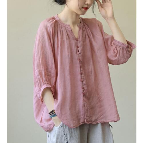 Oversized Loose Cotton Linen Women Shirts Summer Vintage 2021 Solid Batwing Pink Casual Lightweight Female Blouse Outwear Tops