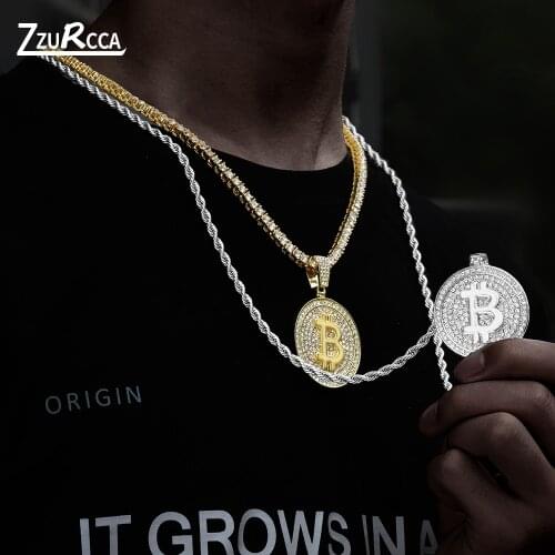Iced Out Bitcoin Pendant Necklace Choker Iced Out Chain Zicron Necklace For Men Women Hip-Hop Tennis Chain Cuban Necklace Link