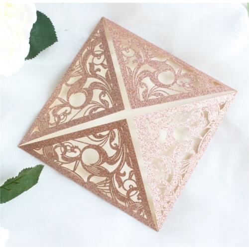 Elegant rose gold invitation cards glittery flower laser cut gift cards for party with belly band 50pcs