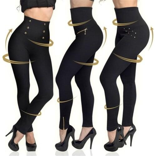 Sexy Anti Cellulite Leggings Women High Waist Button Pants Casual Fitness Leggings Shaping Slim Pants