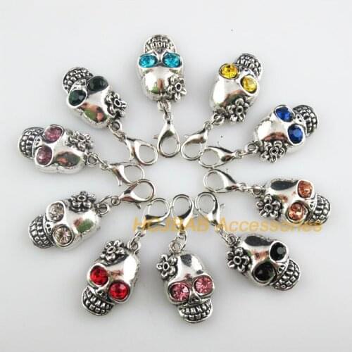 Fashion 10Pcs Tibetan Silver Tone Skull Retro Mixed Round Crystal 13x22mm With Lobster Claw Clasps Charms