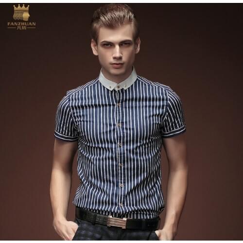 FanZhuan Free shipping New male summer mens striped short sleeved shirt blue collar cotton shirt 15325 tide On Sale