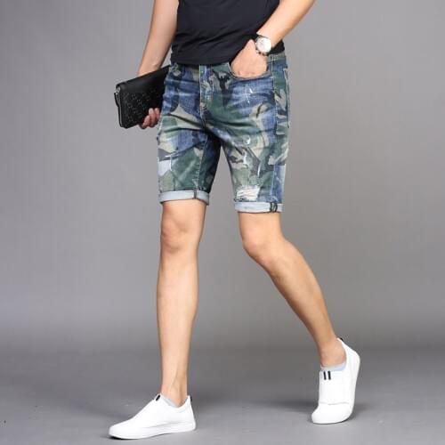 Men Ripped Denim Shorts Camouflage Jeans Summer Thin Stretch Straight Fit Pants Fashion Streetwear Knee Length Trousers