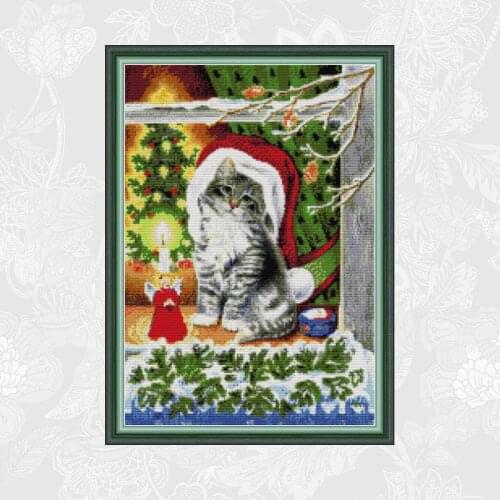 Joy sunday Christmas kitten Printed Cross Stitch 11CT 14CT DIY Embroidery Thread Home Decor Needlework Sets Cross Stitch Kits