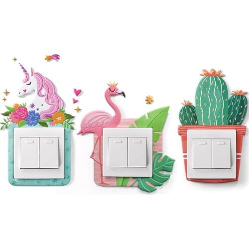 New 3d Flamingo Wall switch stickers for childrens Bedroom decor Unicorn switches cover On-off Switch Sticker Luminous Outlet