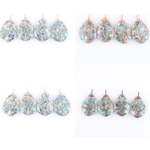 Wholesale 4Pcs Tree of Life Pendants Natural Abalone Shell Silvers Rose Gold Ancient Copper Wire Wrapped Necklace Making TBN472