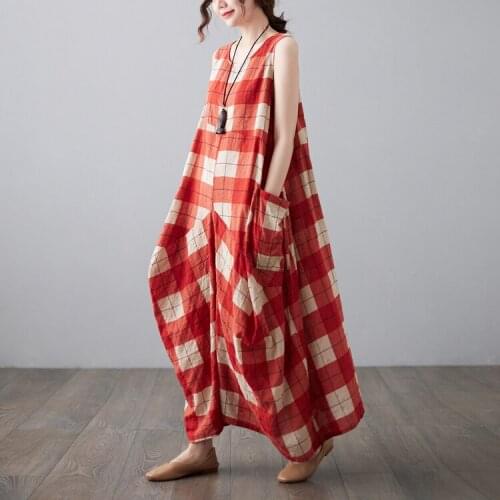 Sleeveless Tank Dress 2021 New Arrival Plaid Summer Dress Cotton Linen Plus Size Loose Long Maxi Dress Travel Casual Women Dress
