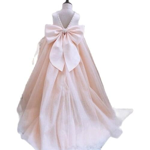 Pink A line Girl Pageant Dresses Tulle Girl Party Gown Pearl Bow Flower Girl Dress First Communion Dress Little Bride Dress