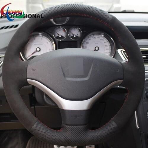 DIY Hand-Stitched Non-slip Black Leather Suede Car Steering Wheel Cover For Peugeot 308 2012-2015 Car Interior Accessories