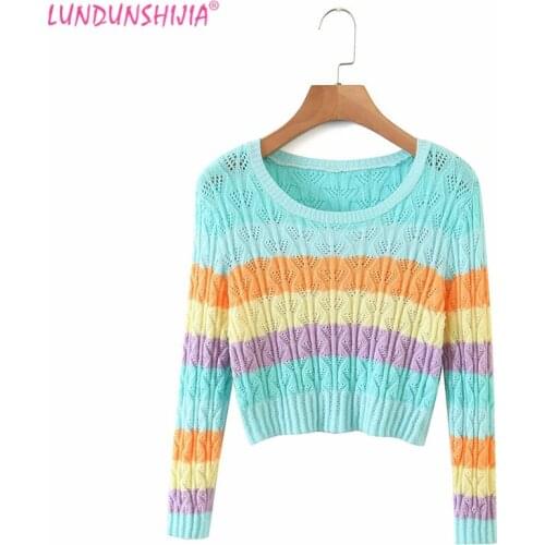 LUNDUNSHIJIA Women Sweater Fashion Short Colorful Stripes Knitting Sweater 2020 Autumn O-neck Long Sleeve Sweaters Outerwear