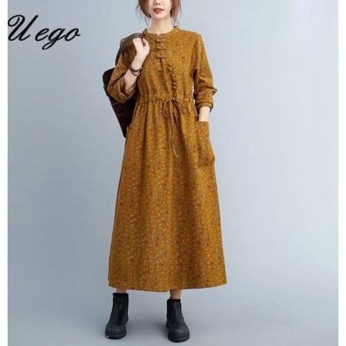 Uego Long Sleeve Spring Dress Print Floral Linen Cotton Vintage Chinese Dress Slim Waist Women Casual Dress Female Long Dress
