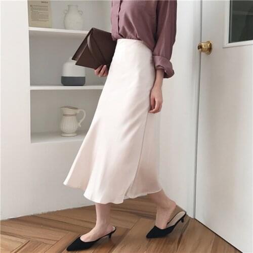 2021 Women Long Silky Skirt Brief Solid Color Zipper A-Line Midi Skirt Summer Elegant High Waist
