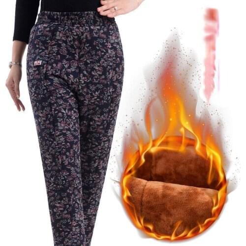2021 Winter Women Warm Mother High Waist Trousers Female Plus Velvet Print Flowers Pants Ladies Elastic Waist Thick Pants M701