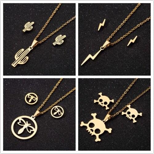 Female Tiny Lightning Earrings for Women Stainless Steel Simple Cactus Necklaces Jewelry Sets Daily Christmas Wear