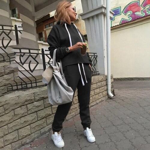 2020 New 2pcs Set Hoodies Loose Tracksuit Hooded Tops Sweatshirt+Solid Long Pants 2 Pieces Sets Women Clothing Suits Female