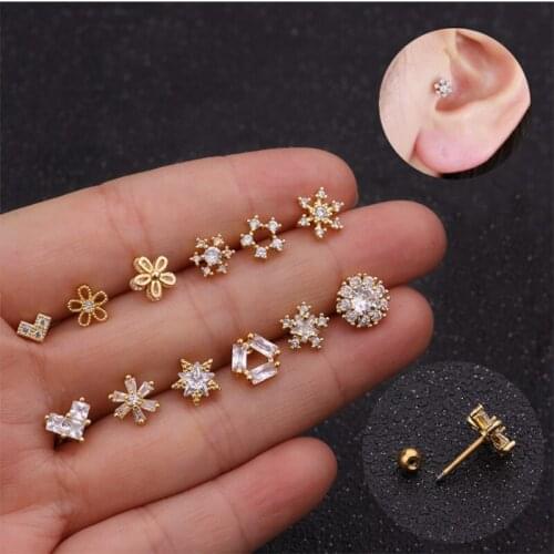 1pc Gold Silver Color Cz Cartilage Moon Star Flower Crown Helix Piercing Jewelry Tragus Rook Conch Crystal Zircon Stud Earrings