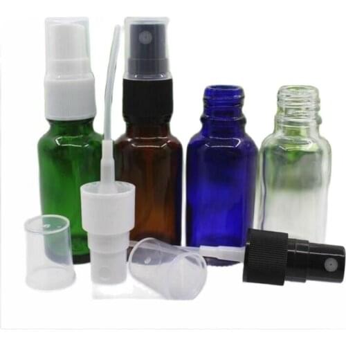 50pcs 20ml green/clear/blue/brown glass bottle with white black mist spray pump for essential oil serum water skin packing