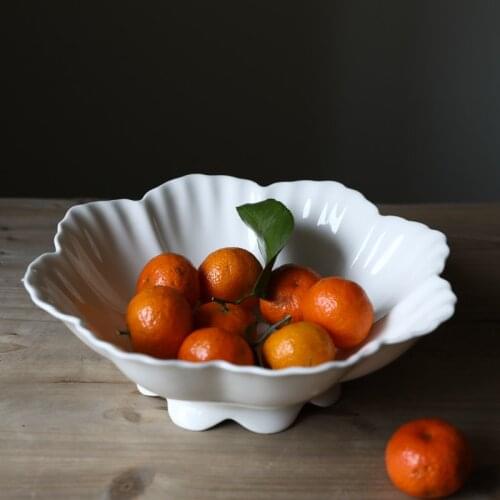 White Ceramic Hibiscus Petals Tall Foot Fruit Bowl/Deep Dish/Salad Bowl