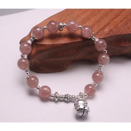 New Pure 925 Sterling Silver Bracelet 8mm Strawberry Quartz Bead Bracalet Symbol Of Love and luck