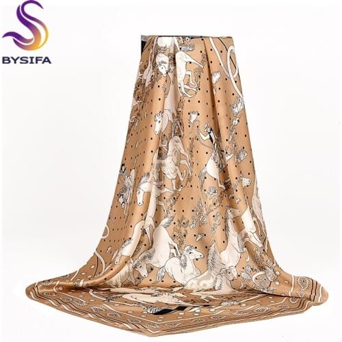 [BYSIFA] Khaki Ladies Satin Silk Scarf Shawl Fashion Brand Horse Design Large Square Scarves Foulard Top Grade Scarves 110*110cm