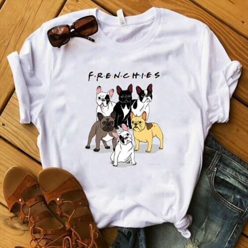 Frenchies Friends T Shirt Women Tops 2020 Kawaii Dogs Printed Funny T Shirts Hauts Femme Vetement 90s Ulzzang Harajuku White Top