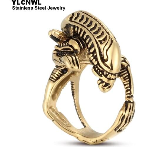 Guarantee Stainless Steel Predator Alien Biker Rings For Men Gold/Black Gothic Punk Male Jewelry Birthday Party Gift