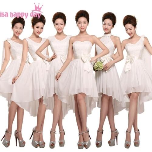 Short front long lace up back bridesmaid v neck bridesmaide ivory dress plus size sexy dresses one shoulder chiffon B1359