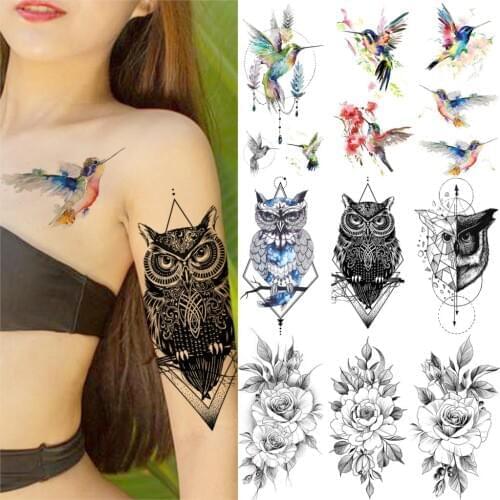 Fake Hummingbird Temporary Tattoos Geometric Owl Waterproof Tattoo Sticker Rose Peony Flower Tatoos For Women Girl Lady Body Art