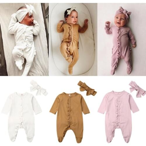 0-12M Infant Baby Boy Girl Footies Ruffles Long Sleeve Solid Sleepwear Headband Clothes