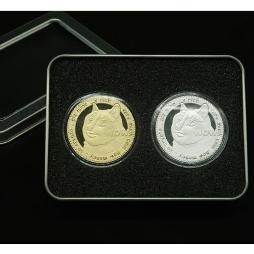 2pcs Set Dogecoin Commemorative Coins Cute Dog Pattern Decoration Collection Virtual Currency Tinplate Packaging Box