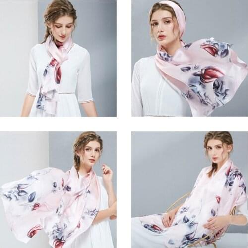 100% Pure Silk Long Scarf Women Luxury Brand Shawls and Wraps Hangzhou Floral Print Silk Foulard Natural Real Silk Hair Scarf