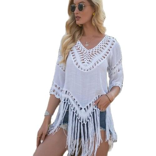 Tassel Beach Dress Kimono Cover Up Dresses and Tunics Jurken Zomer 2021 Dames Bohemian Female Sleeve White Black Summer Sundress