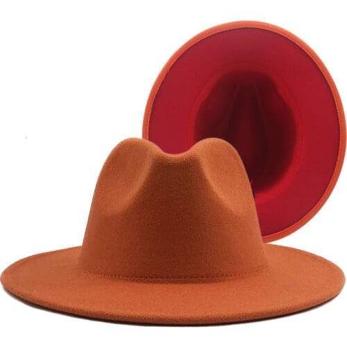 Simple Outer ORANGE Inner red Wool Felt Jazz Fedora Hats with Thin Belt Buckle Men Women Wide Brim Panama Trilby Cap 56-58-60CM