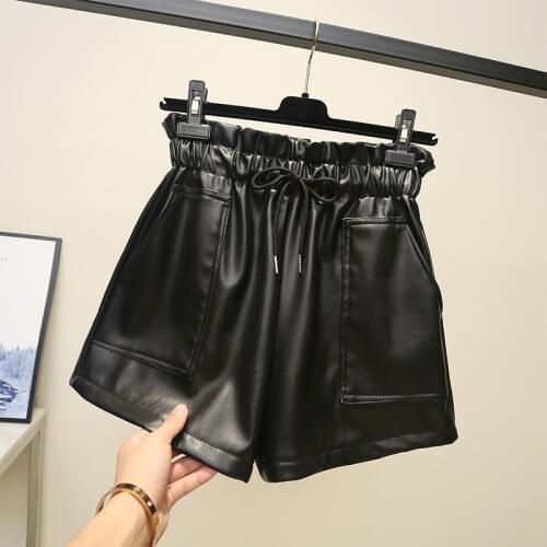 Plus Size High Waist Elestic Band Pockets Oversized PU Leather Shorts Sexy Short Pants Women Autumn Winter Black Shorts 2019