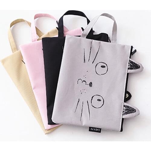 Cute Kitten Shape Canvas Handbag A4 Paper Holder File Folder Zipper Bag Cartoon School Office Supplies Data Document Storage