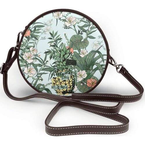 Tropical Leaves Mobile Phone Messenger Round Handbag Casual Women PU Leather Shoulder Bags Mini Messenger Ladies' Tote Bags Sac