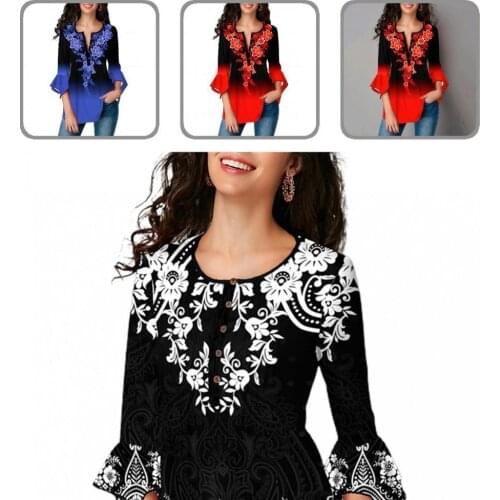 Vintage Stylish Gradient Color Printing Round Neck T-shirt Spring Autumn Printed Pullover Slim Streetwear