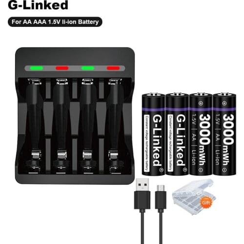 G-Linked 1.5V AA AAA Li-ion Battery Charger + AA 1.5V Li-ion Lithium Rechargeable Batteries 3000mWh for Wireless Mouse Gamepad