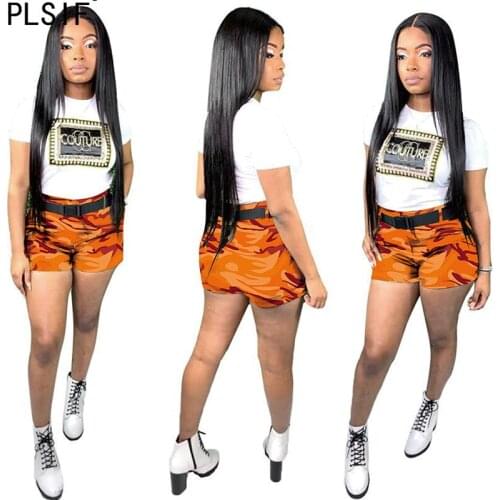 2020 new style 4 color camouflage print trendy women suit o-neck white tees + tight shorts 2 piece set casual fashion outfit