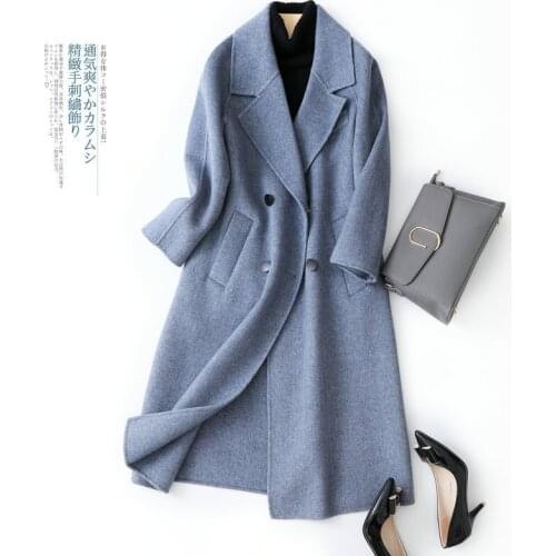 Turn Down Collar Women Woolen Coat Double Breasted Elegant Wool Cashmere Long Jacket Female Windbreaker Haze Blue Outerwear