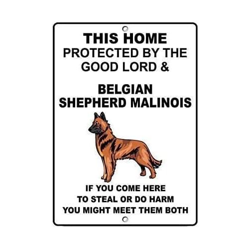 Belgian Shepherd Malinois Dog Home Protected by Good Lord and Novelty Metal Sign Warning Metal Sign 8x12 inches
