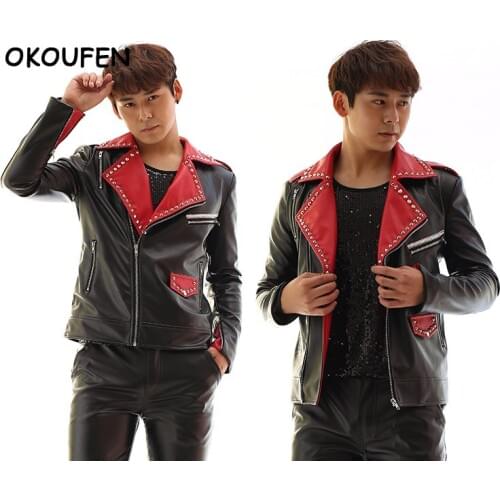 Star Styles Red & Black Leather Jacket Costumes Nightclub Bar Stage Concert Show DJ singer performance coat