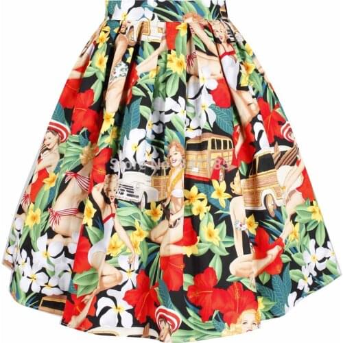 40- women vintage 1950s hawaii girl print pleated swing skirt rockabilly pinup style skirts plus size 4xl saia falda