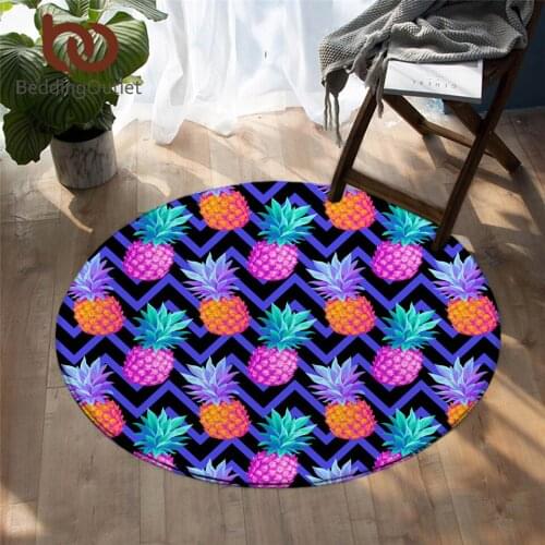 BeddingOutlet Pineapple Bedroom Carpets Tropical Fruit Round Area Rug for Living Room Geometric Floor Rug Purple Play Mat 120cm